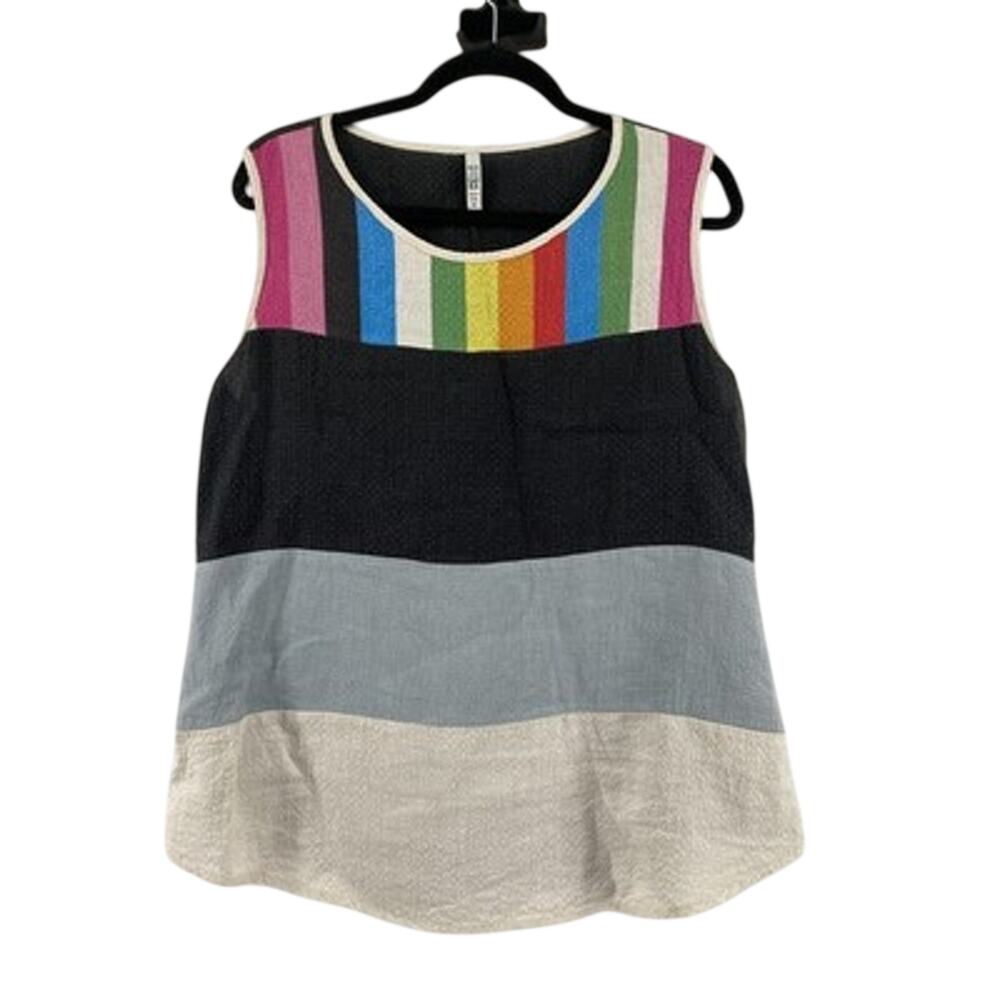 Khangura Womens Tank Top Knit Linen Rainbow Stripe Boho Size M
